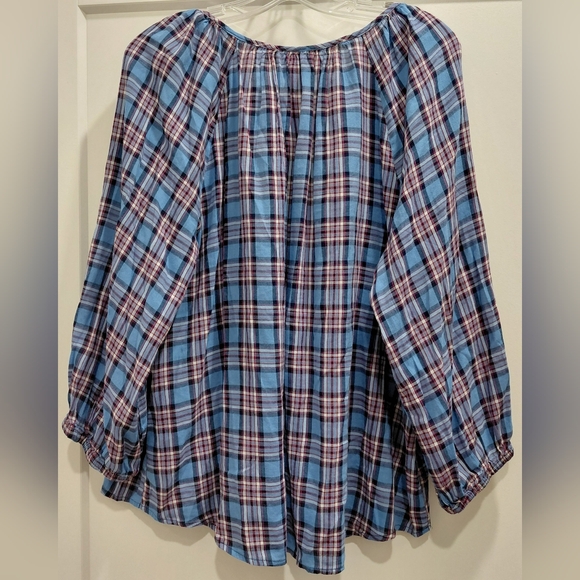 St. John's Bay Blue Plaid Blouse Sz XXL Button Down, Balloon Sleeves - Picture 5 of 5